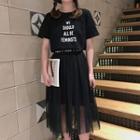 Set: Lettering Short-sleeve T-shirt Dress + Mesh Midi Skirt