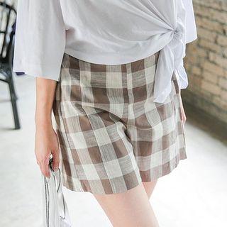 Band-waist Gingham Linen Blend Shorts
