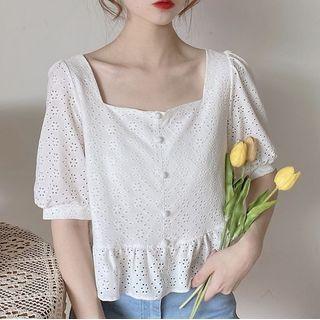 Puff-sleeve Square-neck Plain Blouse