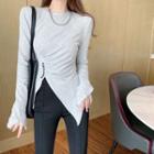 Letter Embroidered Shirred Slit T-shirt