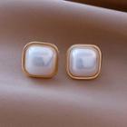 Square Faux Pearl Earring 1 Pair - Clip On Earring - No Ear Holes - Gold - One Size
