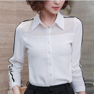 Contrast Trim Long-sleeve Chiffon Blouse