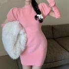 Set: Puff-sleeve Knit Sheath Dress + Arm Sleeves