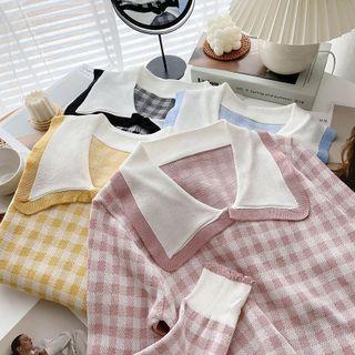 Peter-pan Collar Plain Two-tone Knit Top