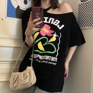 Cold-shoulder Flower Print T-shirt