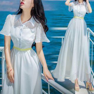 Single-breasted Stand-collar Short-sleeve Tie-waist Plain Slim Sheath Dress