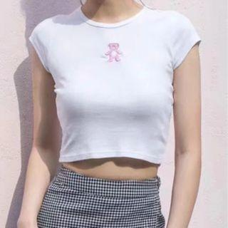 Cap-sleeve Bear Embroidered Crop Top