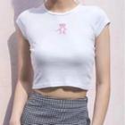 Cap-sleeve Bear Embroidered Crop Top