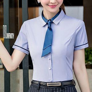 Contrast Trim Short-sleeve Shirt / Pinstriped Dress Pants