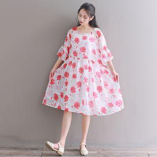 Set: Flower Print Elbow-sleeve A-line Dress + Slipdress