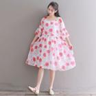 Set: Flower Print Elbow-sleeve A-line Dress + Slipdress