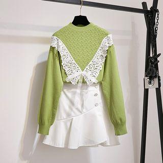 Set: Lace Trim Sweater + Ruffle Hem A-line Skirt