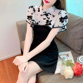 Set: Short-sleeve Crop Qipao Top + Spaghetti-strap Mini A-line Dress