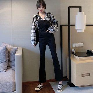 Plaid Shirt / Boot-cut Denim Dungarees