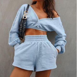 Set: Long Sleeve V-neck Crop Sweatshirt + Shorts