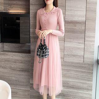 Long-sleeve Mesh Overlay Knit Midi Dress