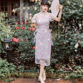 Set: Short-sleeve Butterfly Embroidered Midi Qipao Dress + Plain Spaghetti-strap Midi Dress