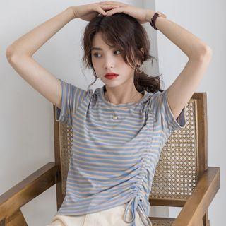 Striped Short-sleeved Lace Up Top