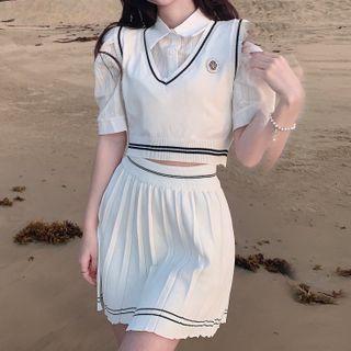Puff-sleeve Shirt / Cropped Sweater Vest / Pleated Mini A-line Skirt