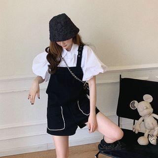 Lantern-sleeve Plain Blouse + Denim Playsuit