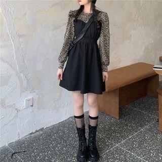 Long-sleeve Leopard Panel Mini Dress