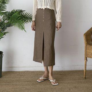 Deep-slit Button-trim Long Skirt