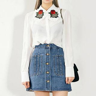 Frill-collar Rose-appliqu  Sheer Blouse