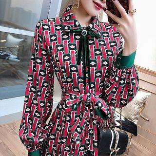 Patterned Long-sleeve Chiffon Midi Dress