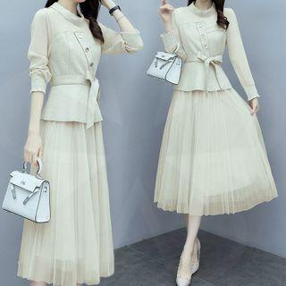 Set: Long-sleeve Plain Lace-up Top + High-waist Plain Mesh Skirt