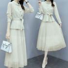 Set: Long-sleeve Plain Lace-up Top + High-waist Plain Mesh Skirt