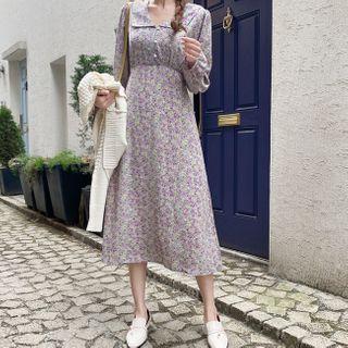 Button-trim Floral Print Dress Mint Green - One Size