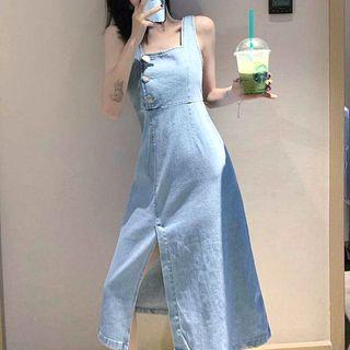 Sleeveless Plain Split Hem Denim Dress