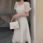 Puff-sleeve Panel Floral A-line Dress