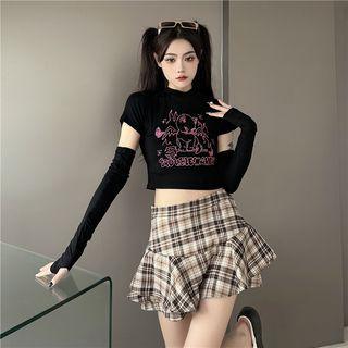Short-sleeve High Neck Lettering Crop T-shirt / Arm Sleeves / Pleated Skort / Set