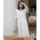 Short-sleeve Embroidered Eyelet Midi A-line Dress White - One Size