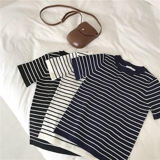 Color-block Crewneck Striped Short-sleeve Knit Top