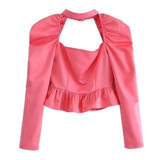 Choker-neck Ruffle Hem Cropped Blouse