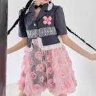 Elbow-sleeve Rose Applique Mesh Panel Mini Blazer Dress