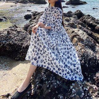 Long-sleeve Floral Print Midi A-line Dress Blue Maple Leaf - White - One Size