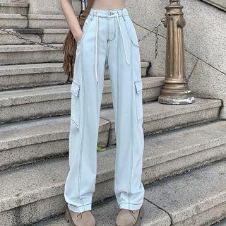 High Waist Stitched Cargo Straight Leg Jeans
