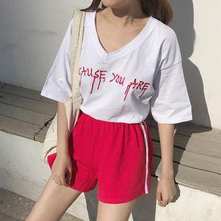 Set: Lettering V-neck Elbow-sleeve T-shirt + Shorts