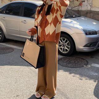 V-neck Argyle Loose Fit Cardigan / Elastic Waist Plain Slit Knit Pants
