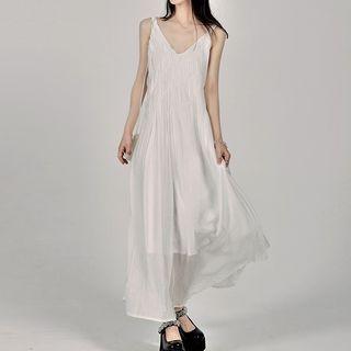 Spaghetti Strap V-neck Maxi Smock Dress Asymmetrical - White - One Size