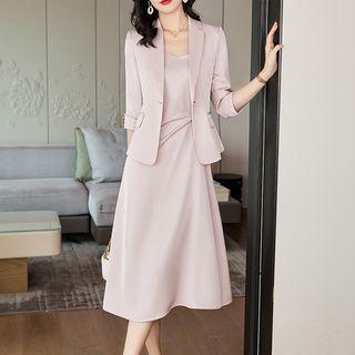 Elbow-sleeve Blazer / Sleeveless A-line Dress / Straight Leg Pants / Set