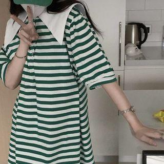 Elbow-sleeve Sailor Collar Striped Mini Dress Stripes - Green & White - One Size