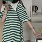 Elbow-sleeve Sailor Collar Striped Mini Dress Stripes - Green & White - One Size