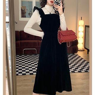 Set: Long-sleeve Mock-neck T-shirt + Ruffle Midi Overall Dress