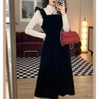 Set: Long-sleeve Mock-neck T-shirt + Ruffle Midi Overall Dress