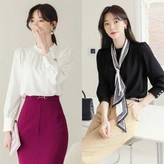 Mock-neck Shirred Faux-pearl Blouse