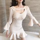 Plain Crewneck Slim-fit Mermaid Lettuce Edge Puff-sleeve Dress